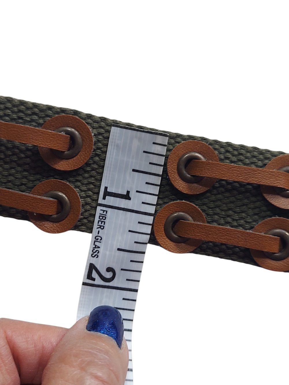 Military Inspired Olive Green Web Belt Brown Faux Leather Trim Adjustable - Picture 10 of 13
